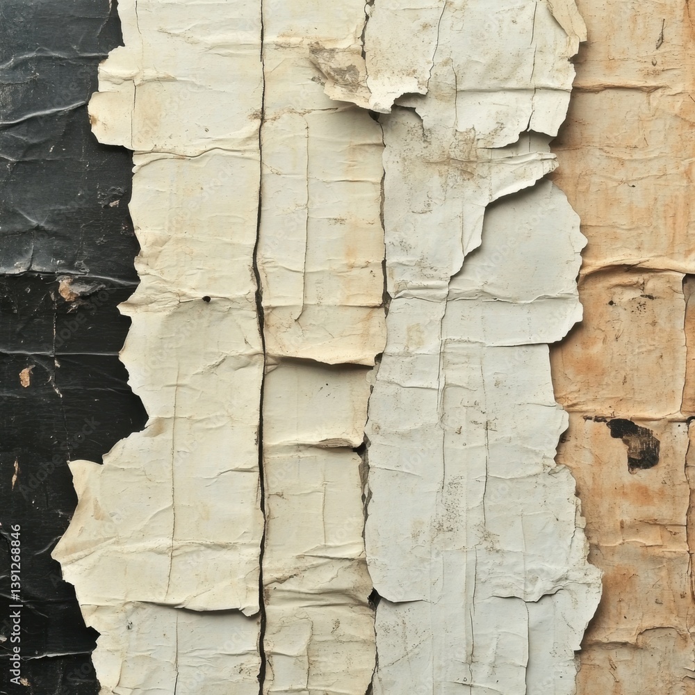 Poster distressed layers of paper adhered to weathered wall creating a textured abstract composition with m