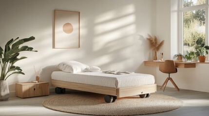 Compact and organized space with mobile underbed storage, low-profile bed, and slim desk