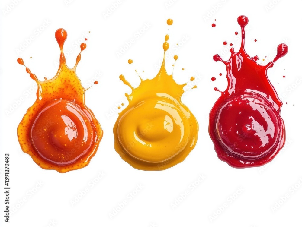 Poster vibrant trio of colorful sauces exploding in a dynamic splash against a pristine white backdrop food