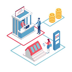 Real estate market with house for sale people involved in buying property Banking infographic, isometric illustration, digital banking, ATM, financial consultation, customer service, bank reception