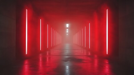Red neon lights illuminate a foggy corridor.