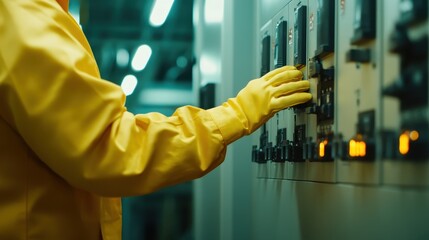 Worker in yellow gloves operating control panel in a modern industrial facility