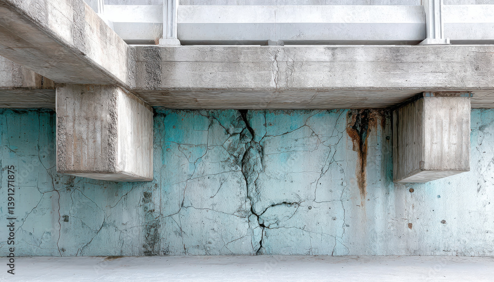 Poster industrial environment showcases weathered concrete structure with visible cracks and unique color c