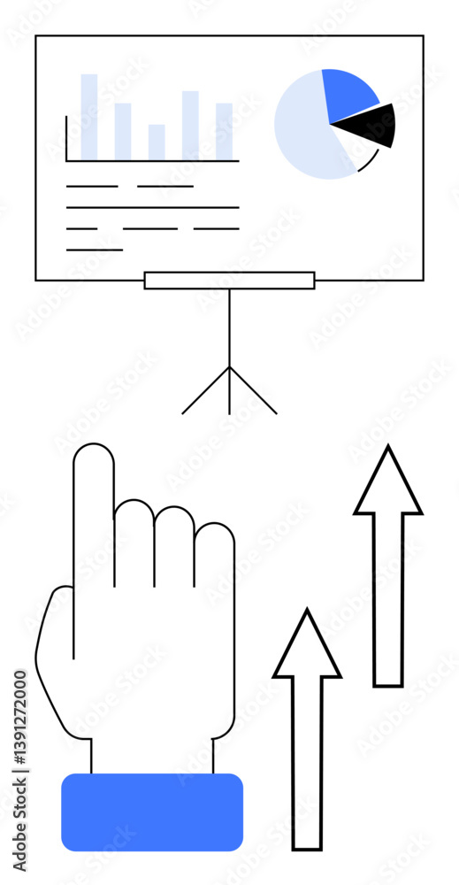 Poster hand gesture indicating progress with upward arrows and screen displaying charts and pie diagram. id