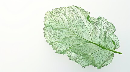 Obraz premium A highly realistic mint leaf with meticulously detailed veins and a distinctly textured surface is prominently displayed, isolated on a pure white background, a creation of generative AI. This mint 