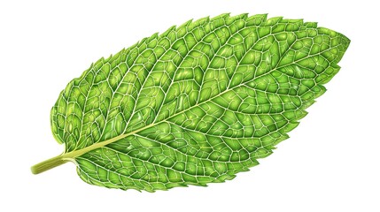 Obraz premium A highly realistic mint leaf with meticulously detailed veins and a distinctly textured surface is prominently displayed, isolated on a pure white background, a creation of generative AI. This mint 
