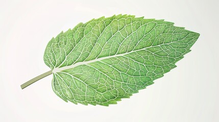 Obraz premium A highly realistic mint leaf with meticulously detailed veins and a distinctly textured surface is prominently displayed, isolated on a pure white background, a creation of generative AI. This mint 