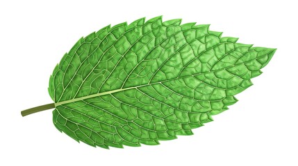 Fototapeta premium A highly realistic mint leaf with meticulously detailed veins and a distinctly textured surface is prominently displayed, isolated on a pure white background, a creation of generative AI. This mint 