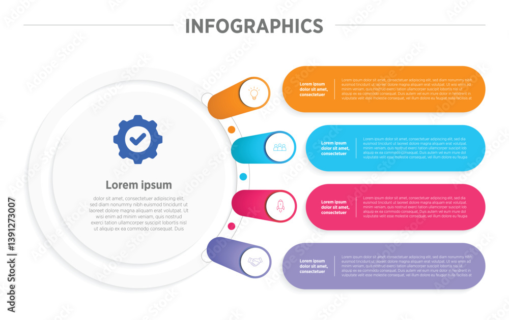 Wall mural business colorful infographics template. 4 steps rounded timeline with options and marketing icons .