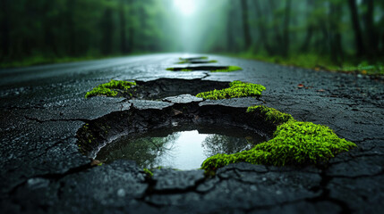 Fototapeta premium cracked road surrounded by lush greenery showcases environmental scene where nature reclaims urban spaces