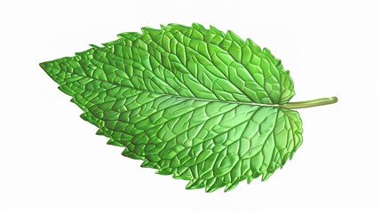 Obraz premium A highly realistic mint leaf with meticulously detailed veins and a distinctly textured surface is prominently displayed, isolated on a pure white background, a creation of generative AI. This mint 