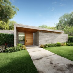 Serene Modern Home Exterior with Concrete Walls Wood Doorway and Lush Green Lawn Under a Bright Blue Sky
