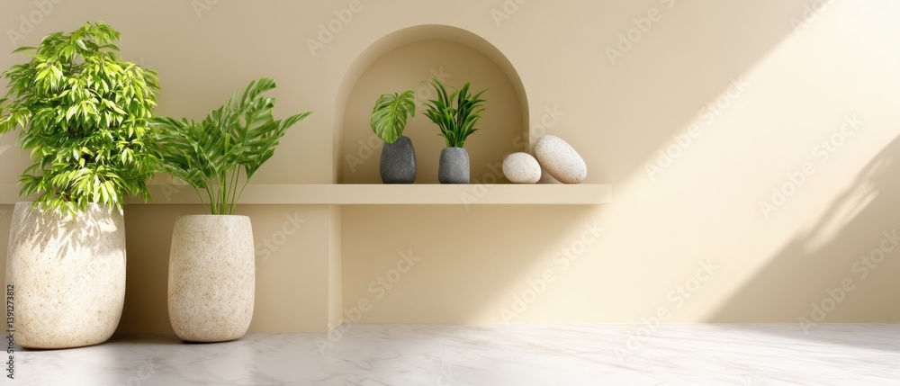 Poster serene interior with potted plants and natural light creating a calm and inviting atmosphere in a mi