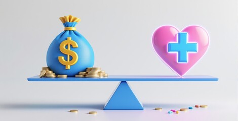 A money bag and a heart with a medical cross balanced on a blue seesaw, minimalist pastel background, creative concept of healthcare versus financial value. Ai generative