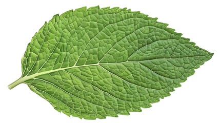 Obraz premium A highly realistic mint leaf with meticulously detailed veins and a distinctly textured surface is prominently displayed, isolated on a pure white background, a creation of generative AI. This mint 