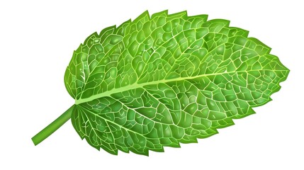 Obraz premium A highly realistic mint leaf with meticulously detailed veins and a distinctly textured surface is prominently displayed, isolated on a pure white background, a creation of generative AI. This mint 