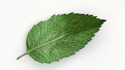 Fototapeta premium A highly realistic mint leaf with meticulously detailed veins and a distinctly textured surface is prominently displayed, isolated on a pure white background, a creation of generative AI. This mint 