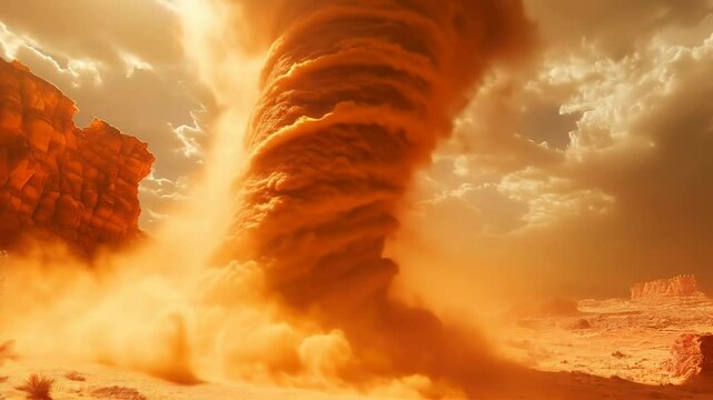 Fiery Desert Dust Devil Swirling Through an Arid Landscape