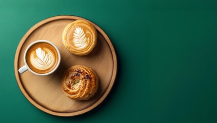 A wooden tray holds a latte art coffee and pastries