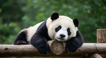 Naklejka premium A cute baby panda lounges on a rustic wooden