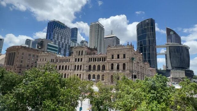 Aerial urban landscape view of the Treasury Hotel Brisbane a heritage listed hotel at 175 George Street in Brisbane city central business district, Australia.