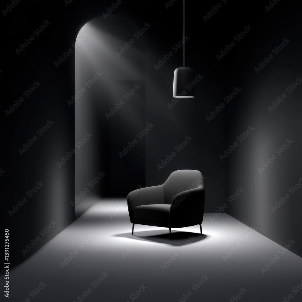 Poster elegant armchair in a minimalist dark room illuminated by a spotlight casting shadows creating a mod