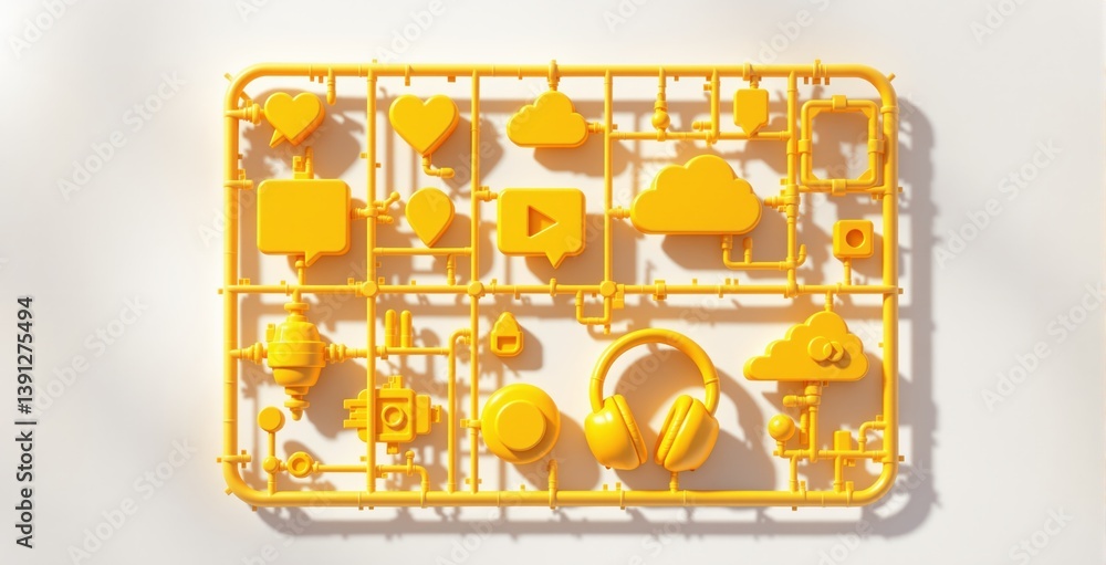 Poster yellow plastic communication icons arranged in a toy-like grid structure on a light background, crea