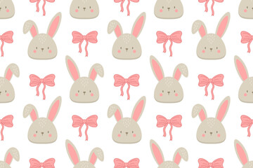 eamless Easter pattern with cute bunny faces and pink bows on white background. Perfect for baby textiles, nursery decor, and holiday-themed designs