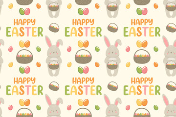 Festive Easter pattern with adorable bunnies, colorful eggs, candy jelly beans, and the phrase "Happy Easter" on a cream background. Ideal for seasonal greetings, kids’ items, and joyful wrapping desi