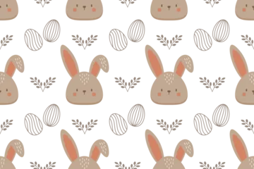Fotobehang Naadloze herfst Seamless pattern with cute bunny faces, Easter eggs, and leafy branches in neutral pastel tones. Ideal for spring-themed designs, baby products, and Easter decor  © Va1kyrja
