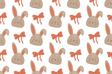 Seamless pattern with cute bunny faces and pink bows on a white background. Playful and charming spring design perfect for textiles, wrapping paper, or Easter-themed decorations