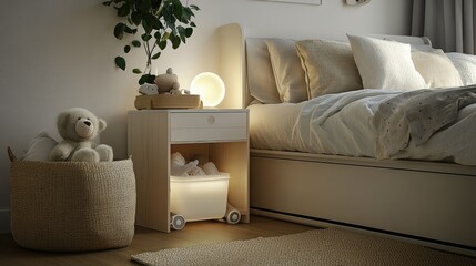 Wheeled storage boxes neatly placed under a child's bed with soft lighting and cozy room decor