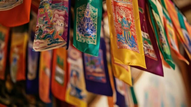 A medium closeup of a welcoming banner adorned with colorful artwork and phrases promoting harmony and understanding hung above a gathering of officials as they prepare to applaud the