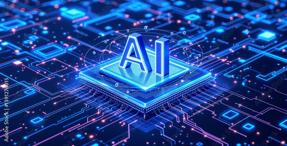 Poster futuristic ai chip glowing on a digital circuit board, creative neon style, dark tech background. co