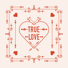 Red swirl art deco square border frame pattern card with words True Love with hearts and dividers icons on pink background