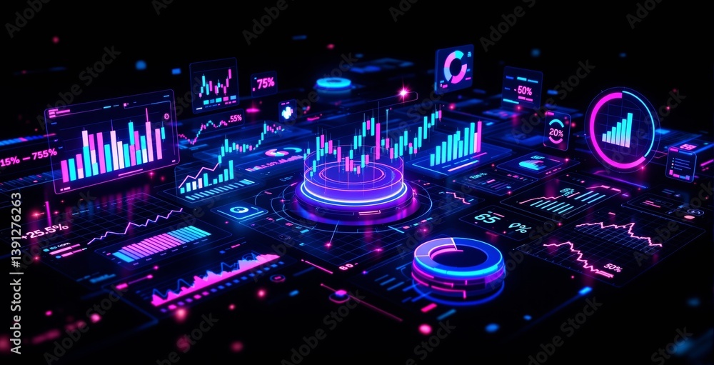 Poster futuristic digital dashboard showing glowing charts, bar graphs, and analytics in neon style on dark