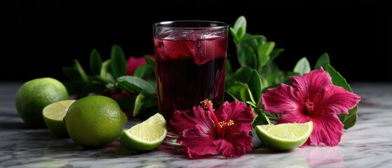Refreshing hibiscus iced tea with fresh limes and vibrant flowers on a marble surface against a dark background