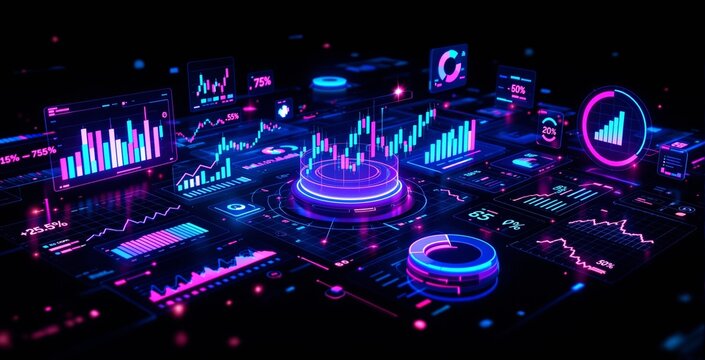 Futuristic digital dashboard showing glowing charts, bar graphs, and analytics in neon style on dark background, concept of data visualization. Ai generative