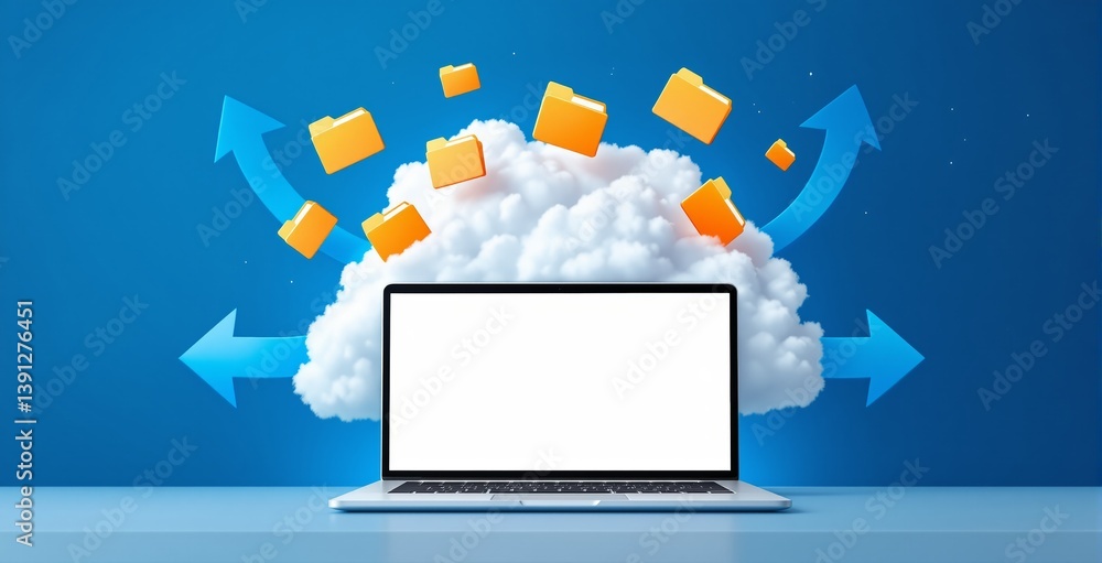 Poster laptop with blank screen in front of cloud, floating folders and arrows, digital concept on blue bac