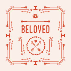 Red swirl art deco square border frame pattern card with words Beloved with circle heart emblem, crossed arrows, and dividers icons on pink background