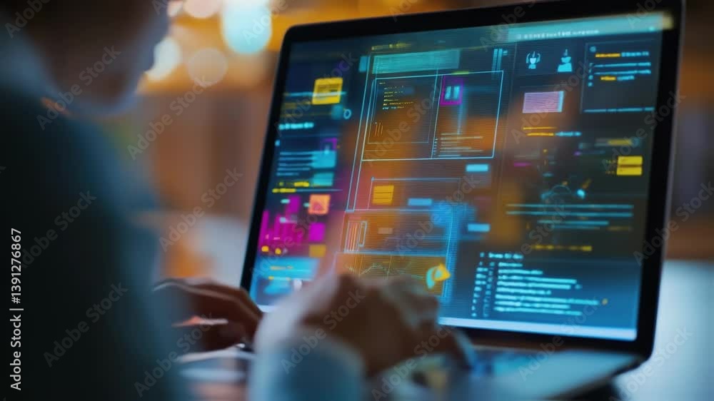 Poster software engineer working on innovative software development project, using laptop displaying comple