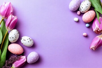 Easter-themed background, a lavender color palette, decorated eggs and pink purple tulips flowers in the corners, and a flat lay composition.