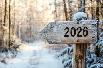 Wooden arrow signpost covered with snow indicating 2026 in a path through a forest in winter, concept of future and new year