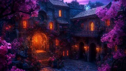 Enchanting Stone Courtyard at Night, Illuminated by Warm Lights and Blooming Flowers - Powered by Adobe