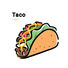 Cute Taco Illustration with Phonetic Spelling in Hand-Drawn Style