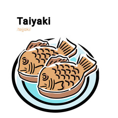 Taiyaki Fish-Shaped Cake Cartoon Illustration with Phonetic Text