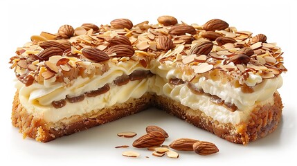 German bienenstich bee sting cake cream filling and almond topping slice plated on white background