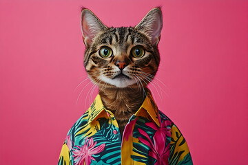A tabby cat is wearing a floral shirt looking at the viewer