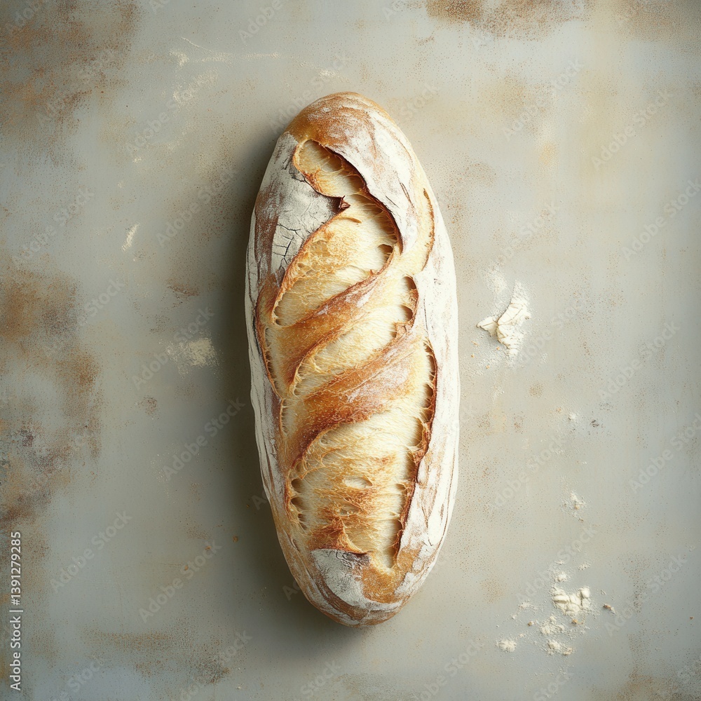 Poster rustic loaf of crusty sourdough bread on a textured surface with a warm and inviting light from abov