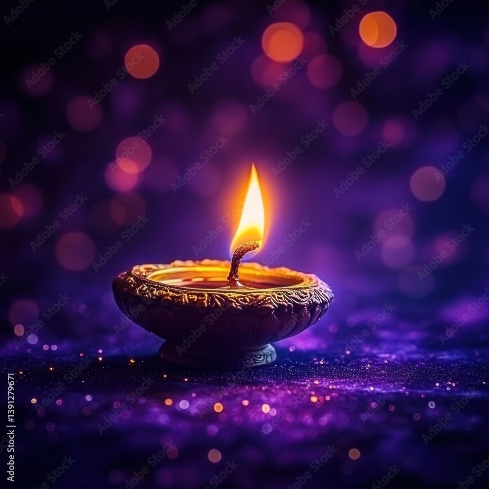 Poster glowing candle flame illuminating a purple ambiance with bokeh lights and glittering sparkles creati